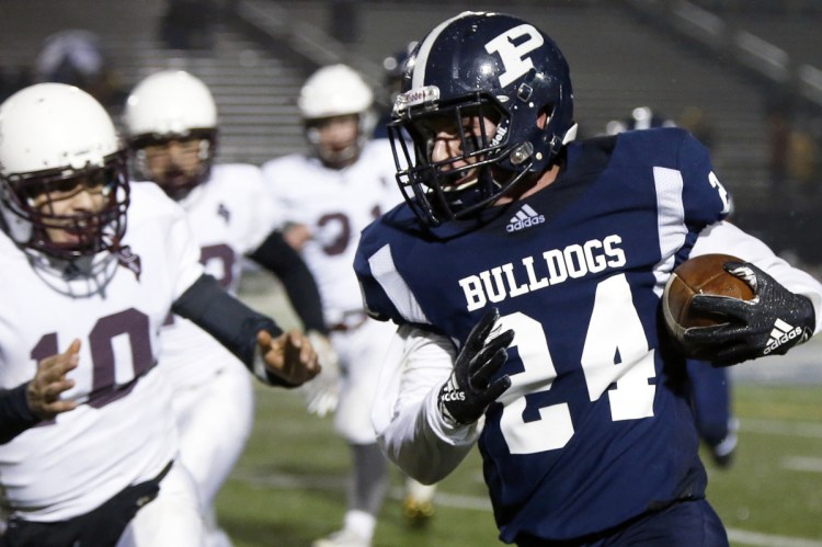 Zack Elowitch has rushed for 1,713 yards this season, including 232 in Portland's win over Oxford Hills in the Class A North final.PORTLAND, ME - NOVEMBER 2: Portland's Zachary Elowitch drives down the sideline during a semifinal game against Edward Little on Friday at Fitzpatrick Stadium. (Staff photo by Ben McCanna/Staff Photographer)