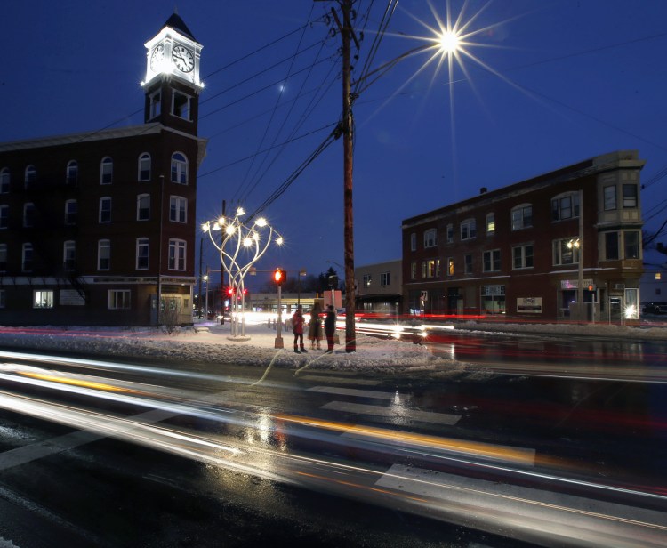 The new public art at Woodfords Corner – "Luminous Arbor" by Aaron Stephan – stands at the corner of Woodford Street and Forest Avenue. 