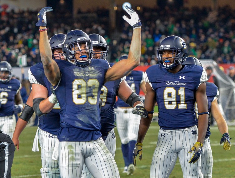 Notre Dame wide receiver Chase Claypool (83) celebrates a touchdown during the Fighting Irish's 36-3 win Saturday at Yankee Stadium in New York.