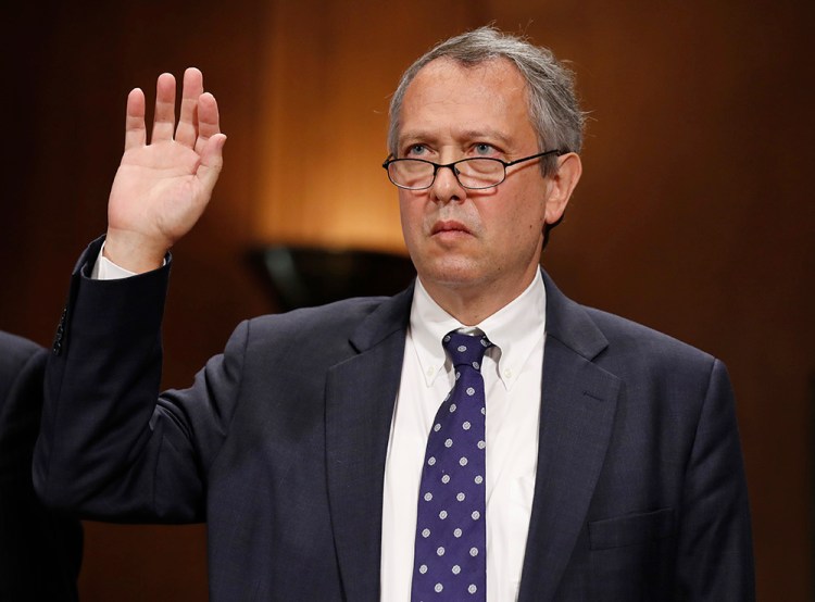 Thomas  Farr is sworn in during a Senate Judiciary Committee hearing on his nomination to be a District Judge on the United States District Court for the Eastern District of North Carolina in 2017.