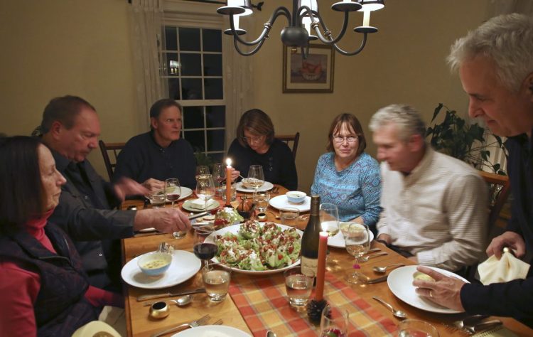 Handcrafted bowls from Monhegan Island wait to be filled at a soup-centric potluck among friends over Thanksgiving weekend.