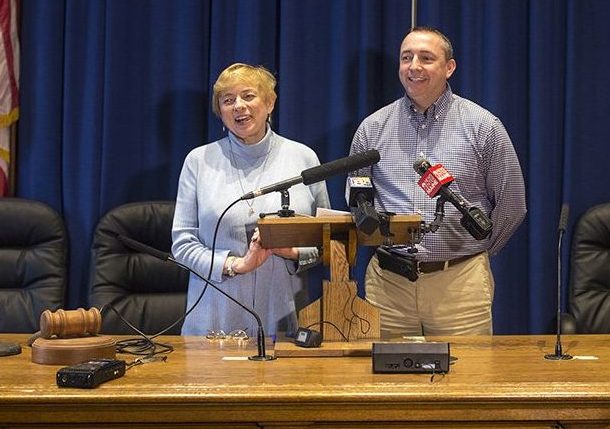 Gov.-elect Janet Mills and Portland Assistant City Manager Michael Sauschuck talk with the media during a press conference at Portland City Hall on Friday. Mills announced that she will nominate Sauschuck, a former Portland police chief, to head the Maine Department of Public Safety. 