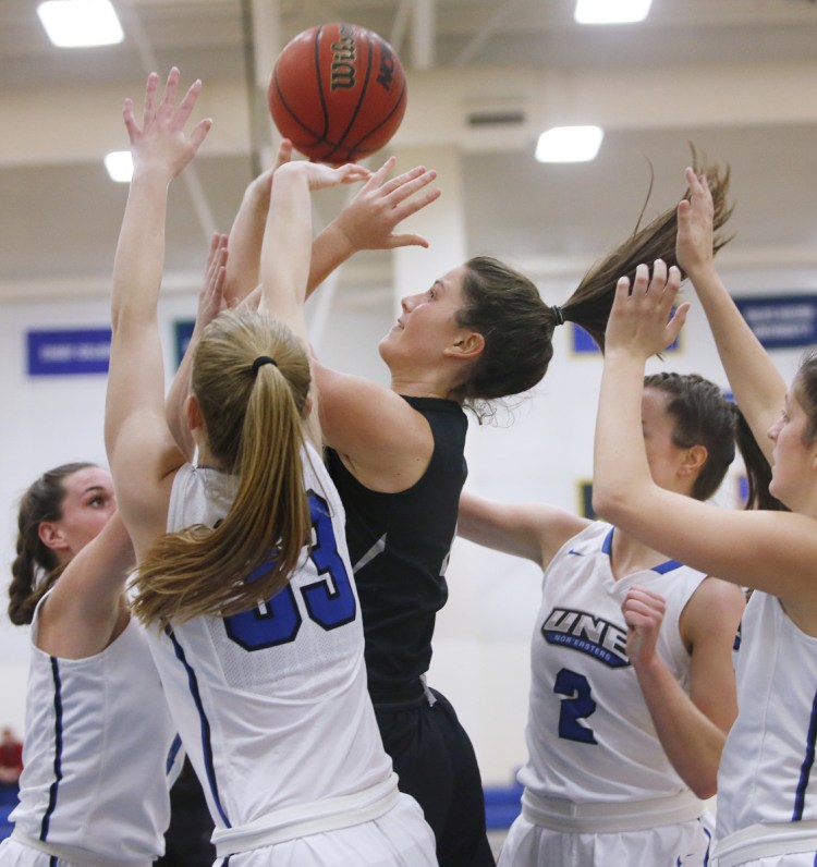 Maddie Hasson leads Bowdoin in scoring with 14.0 points a game and is second in rebounding with 3.7.