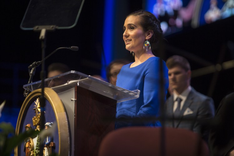 Maulian Dana, a tribal ambassador for the Penobscot Nation, speaks about the Skowhegan school nickname last Wednesday before the inauguration of Gov. Janet Mills. She thanked Mills "for taking a stand on our behalf when it comes to Indian mascots in Maine."