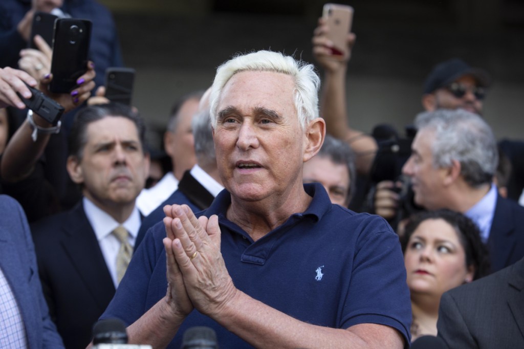 Roger Stone, former adviser to Donald Trump's campaign, speaks to members of the media outside federal court in Fort Lauderdale, Fla., on Friday.