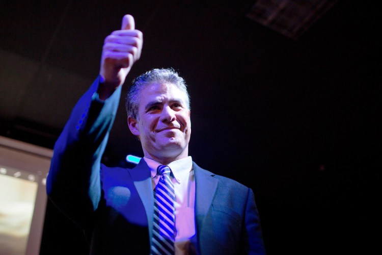 Ethan Strimling gives the crowd a thumbs-up after winning Portland's mayoral race in November 2015. Preparing for an apparent 2019 re-election campaign, Strimling has raised more than $40,000.