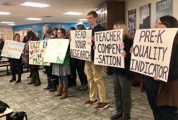 Portland teachers turned out in force Tuesday night to protest the district's proposal to expand its pre-kindergarten program by contracting out the teaching.