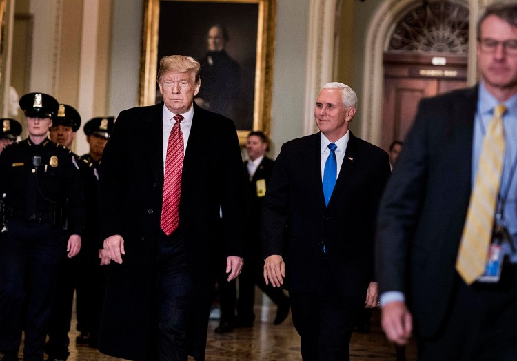 President Trump and Vice President Pence get ready to speak to journalists before going into the Senate policy luncheon on Capitol Hill on Wednesday.