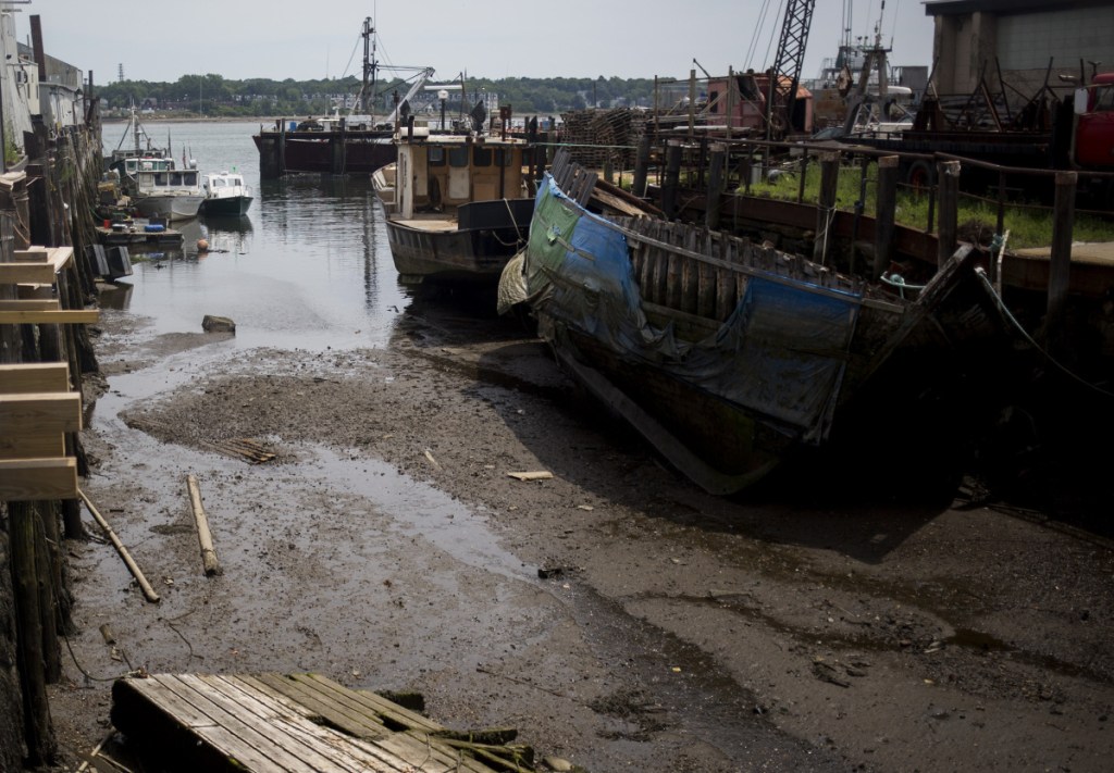 Boats lie in silt at low tide at Sturdivant's Wharf along Portland Harbor. Numerous wharves have lost valuable berthing spaces as silt has built up around them.