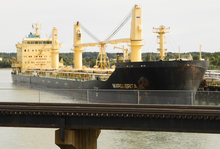 The M/V Marguerita sits in port at the Sprague Terminal in South Portland last September. The ship was the focus of a case of illegal dumping of oily water.