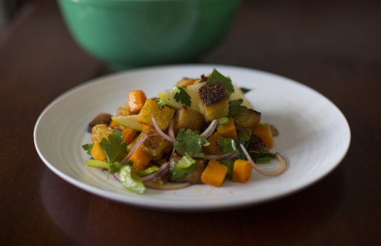 Rockin' day old bread croutons in bread and butternut panzanella with maple, lemon and sriracha dressing.