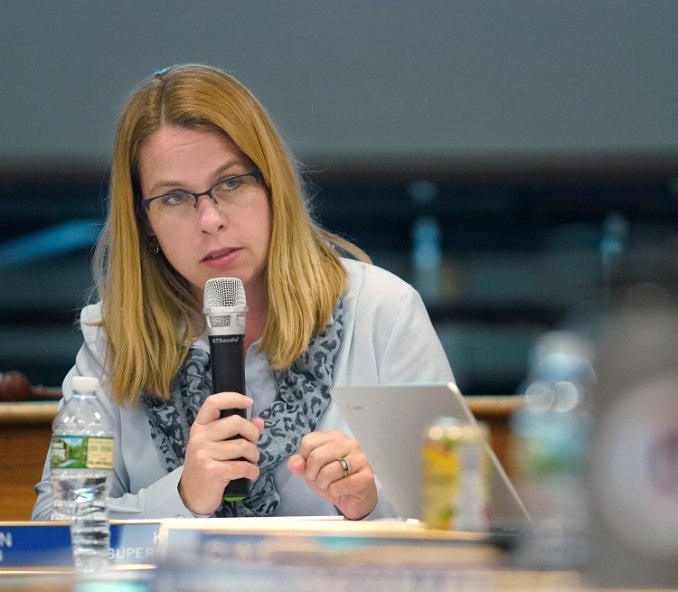 RSU 21 Superintendent Kathryn Hawes addresses school board member Rachel Phipps at a February meeting in Kennebunk as the board considers reports of racist incidents at Kennebunk High School in 2016. In a statement she read at the start of the meeting, Hawes said, "I have learned that the issue is far more pervasive in our community, district and schools than I was aware."