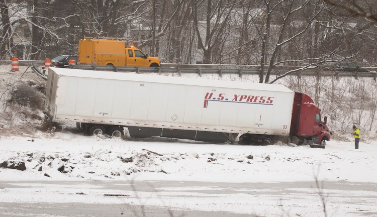 A tractor trailer went off I-295, into a marsh area along the southbound lane, just north of Tukey's Bridge, during the morning commute.