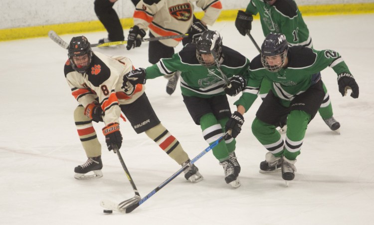 Nick McSorley, left, is part of a dangerous top line for Biddeford, which faces St. Dominic in the Class A state final on Saturday.