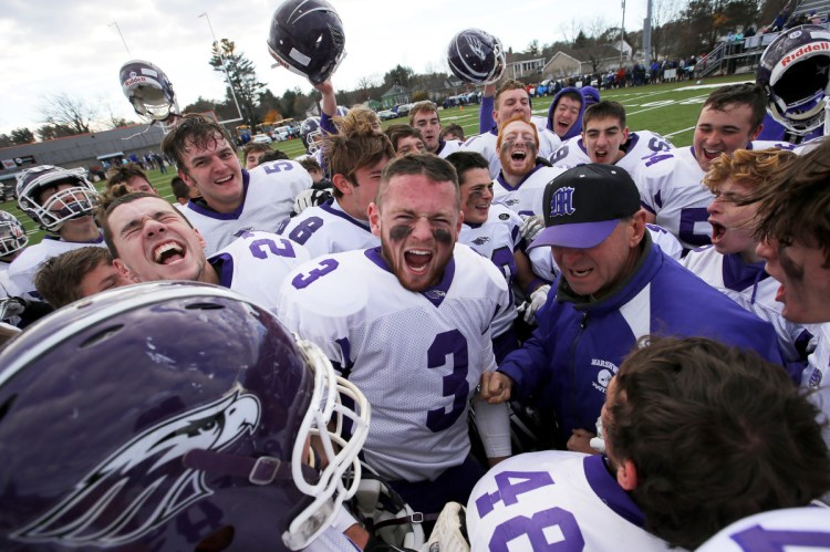 The Marshwood High football team, which won the Class B state title, will remain in that class instead of rising to Class A following an MPA decision.