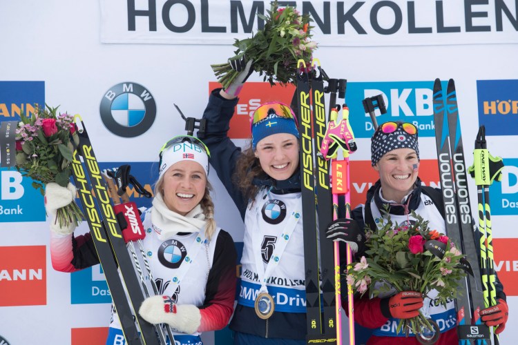 From left, Tiril Eckhoff of Norway, Hanna Oeberg of Sweden and Clare Egan of the U.S. celebrate Sunday after an IBU World Cup biathlon in Oslo, Norway. After the strong performance, Egan reconsidered her plan to retire.
