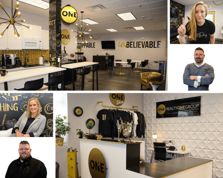 Clockwise from top: the café at Realty One Group's new office is where they hold monthly education classes for agents; Paige Pelletier, Director of Agent Services & Marketing; Steven Brackett, Owner and Broker; the reception desk at the new Realty One Group Compass office; Zach Blair, Broker & Director of Operations; Pressley Lawrence, Education Officer & Coach