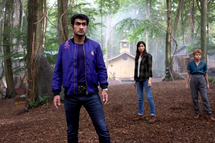 Kingo (Kumail Nanjiani), Sersi (Gemma Chan) and Sprite (Lia McHugh) in "Eternals."