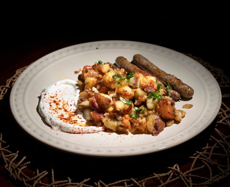 Sorta Spicy Potato Hash Browns with Sausage and Yogurt