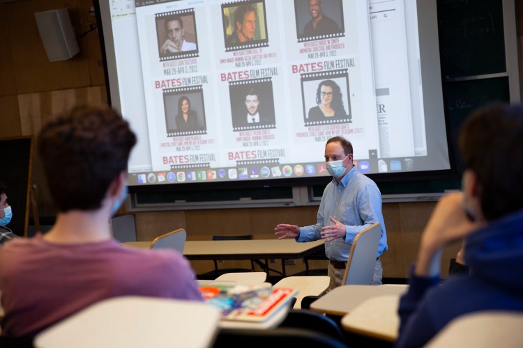  Jonathan Cavallero works with students in his film festival studies course at Bates College in Lewiston on the upcoming Bates Film Festival. 