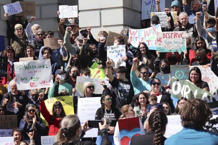 Protesters concerned with tribal sovereignty laws gather at the State House in Augusta on April 11. Native American leaders in Maine aren't giving up on sovereignty but appear to be resigned that sweeping change is unlikely this year. 