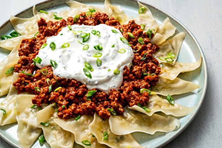 Aushak (Afghan Leek Dumplings with Yogurt and Meat Sauce)