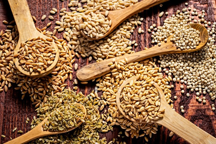 Grains clockwise from the top: Barley, sorghum, wheat berries, freekeh and farro. 