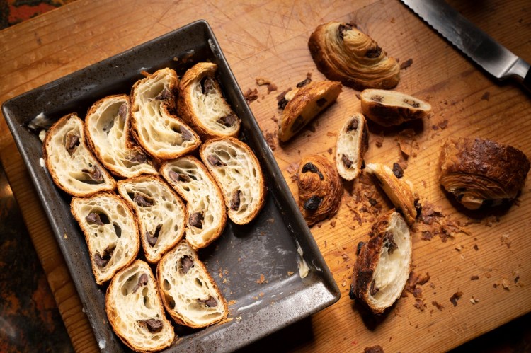 Food waste has a whole different ring to it when it (in this case chocolate croissants) gets transformed into Pumpkin and Day-Old Chocolate Croissant Pudding.