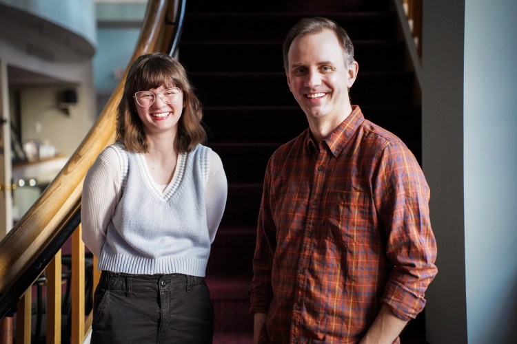 Paige Scala and Michael Dix Thomas, photographed at Portland Stage during rehearsals for the 2023 production of "A Christmas Carol."